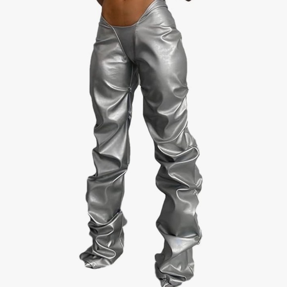 pants metallic silver outfit festival rave burner club party ruched leggings - Picture 3 of 5